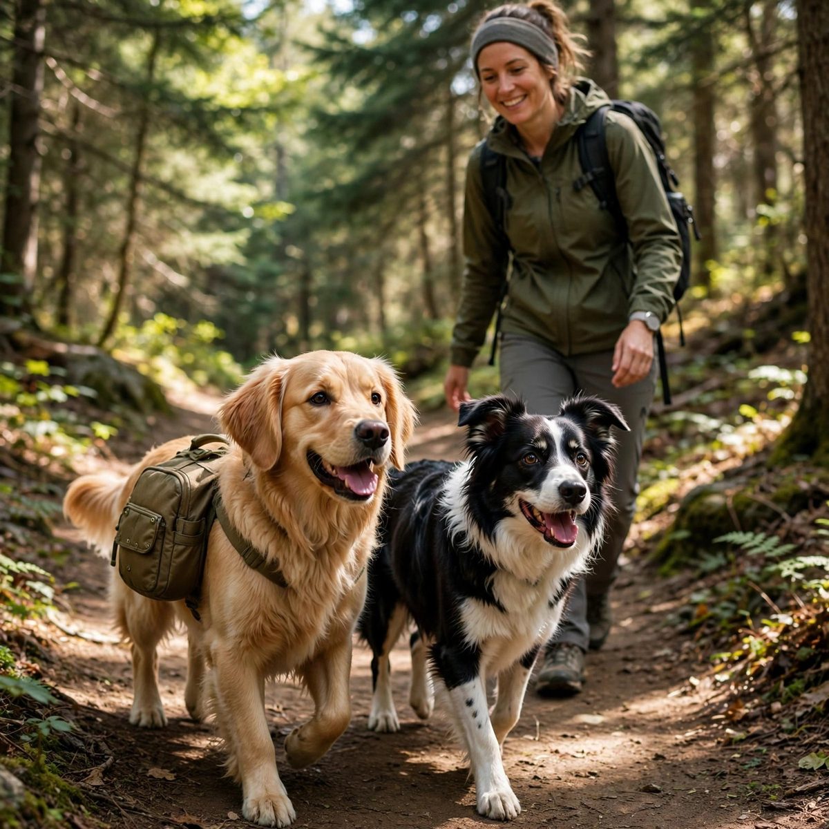 Dog on a hiking trail with its owner