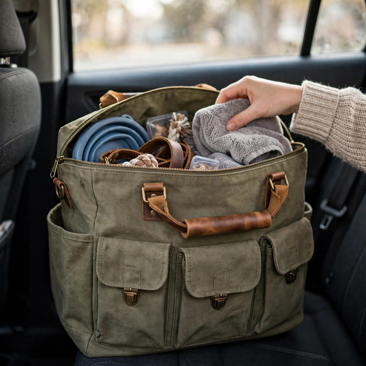 TrekTails Pet Travel Organizer Tote, Olive — view 4